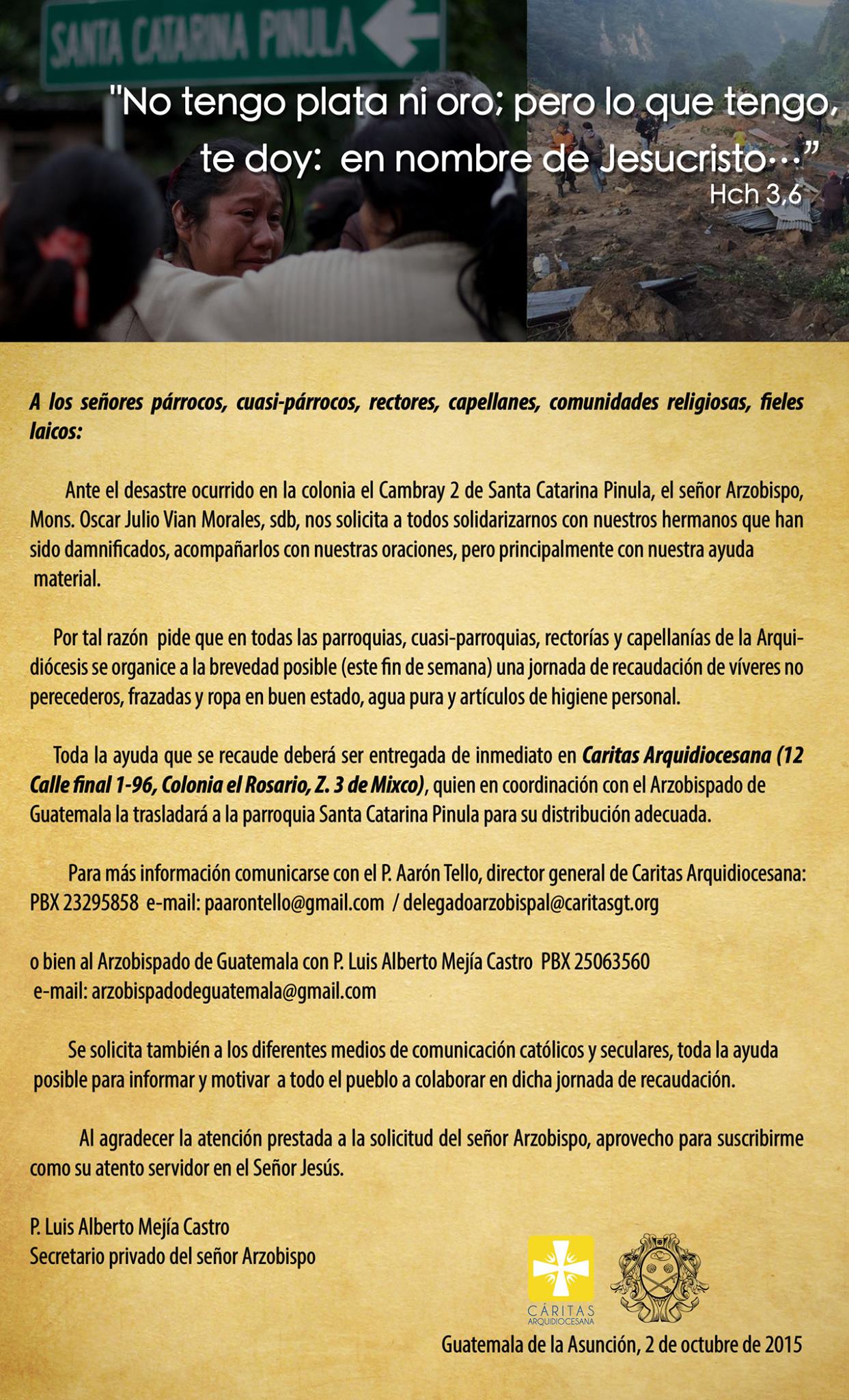 Comunidado Arzobipado de Guatemala por deslave en Santa Catarina Pinula