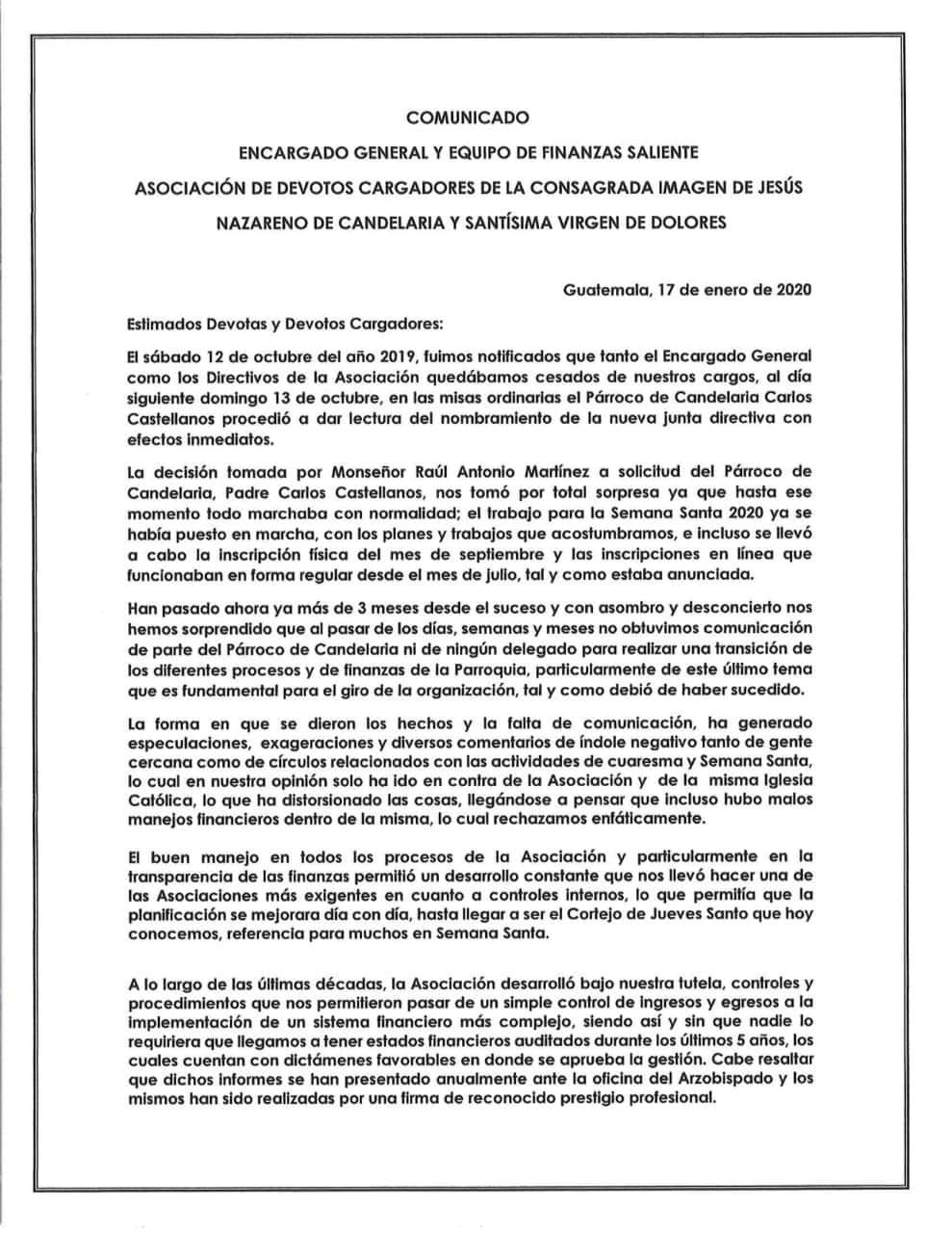El comunicado que realizó la ex Directiva de la Asociación de Jesús de Candelaria