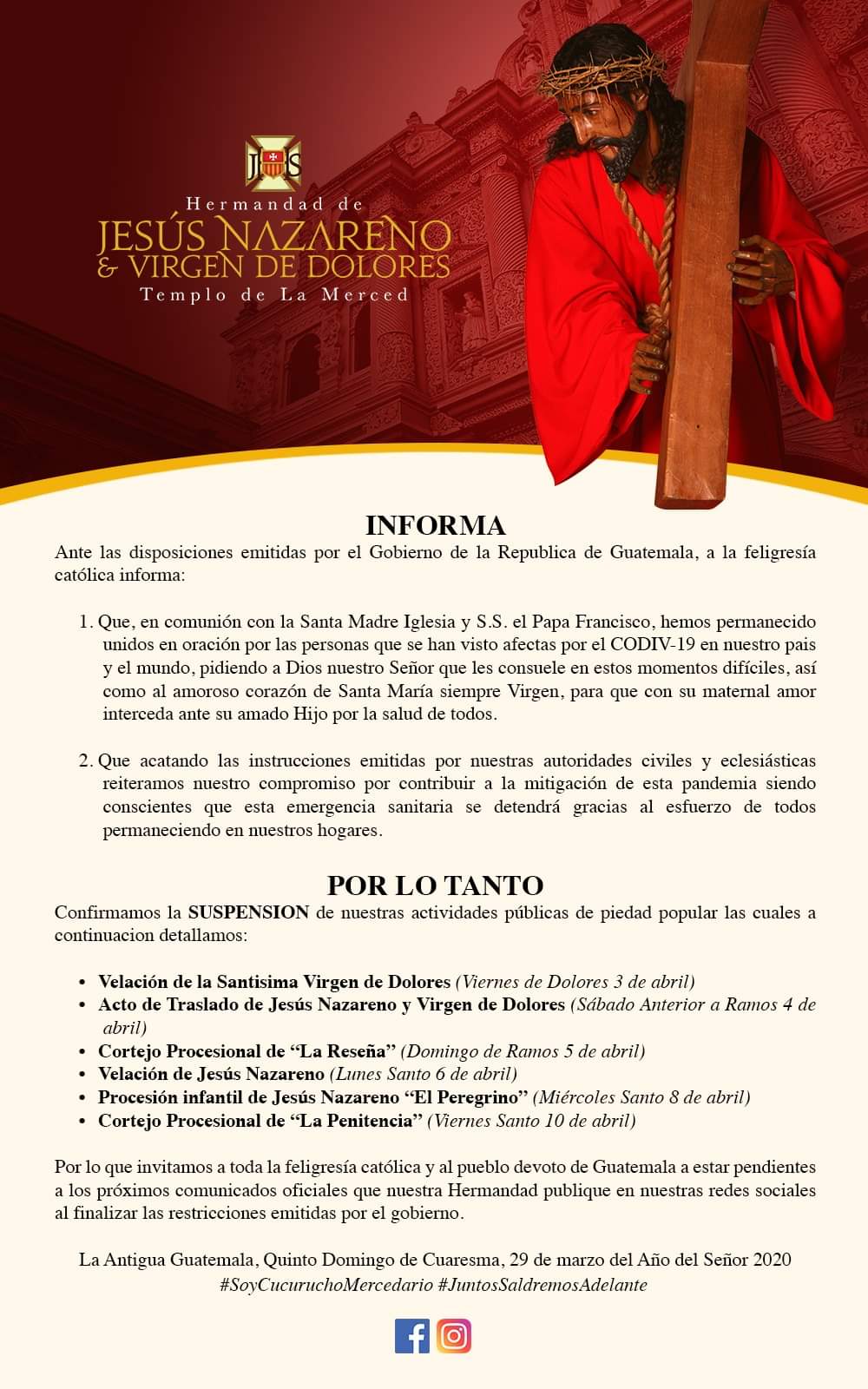 Hermandades suspenden procesiones de Semana Santa 2020