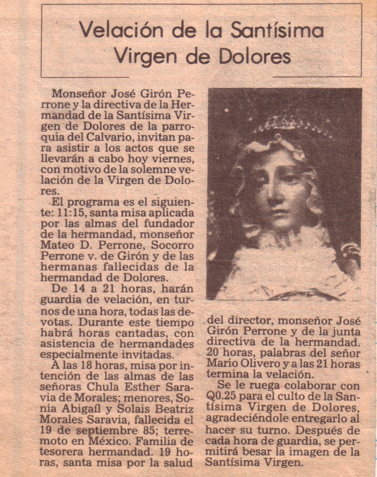 Articulo en prensa sobre la famosa velación de la Reina de la Paz