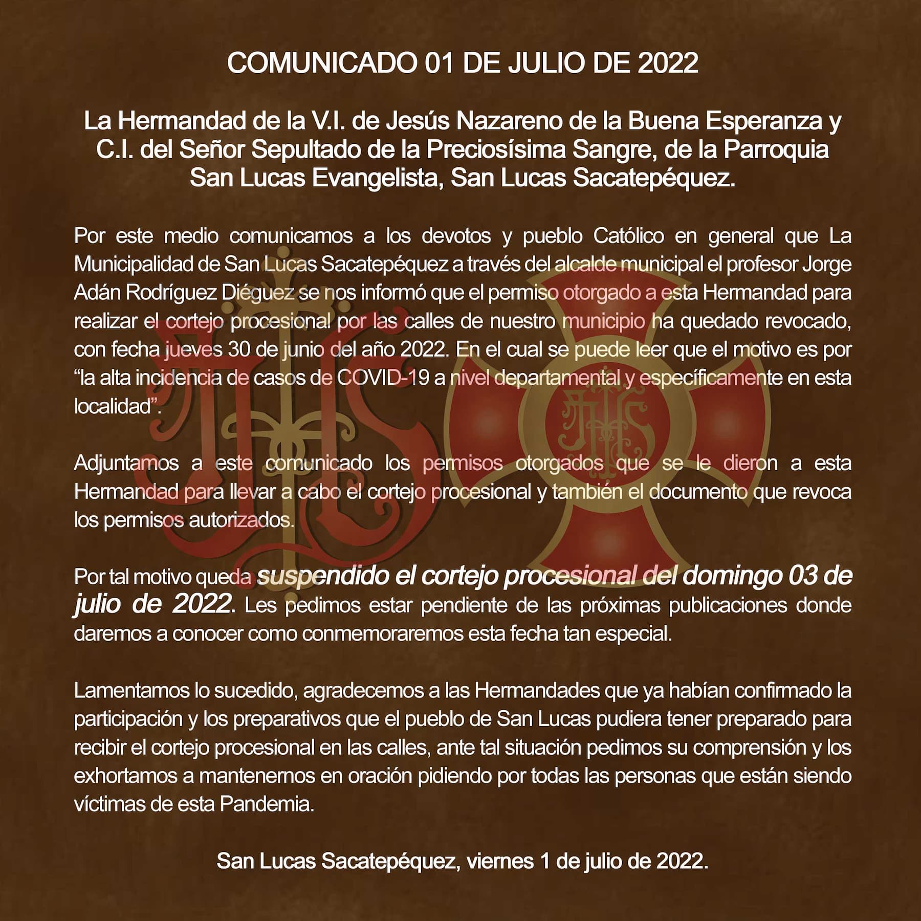 Comunicado Hermandad de San Lucas Sacatepéquez