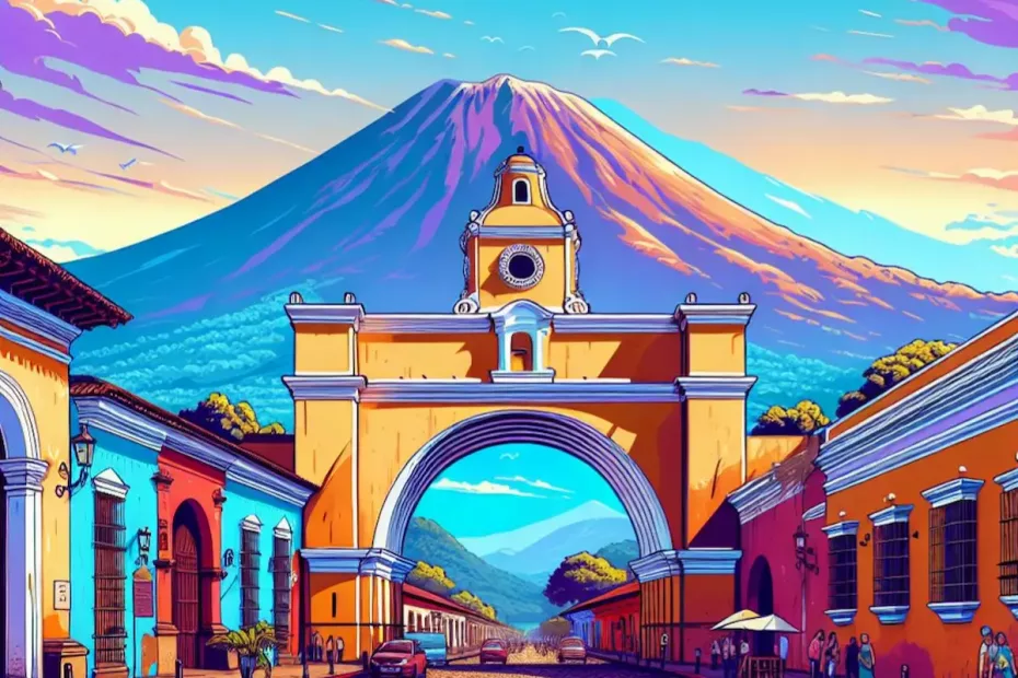 Arco de Santa Catalina en Antigua Guatemala con el Volcan de Agua