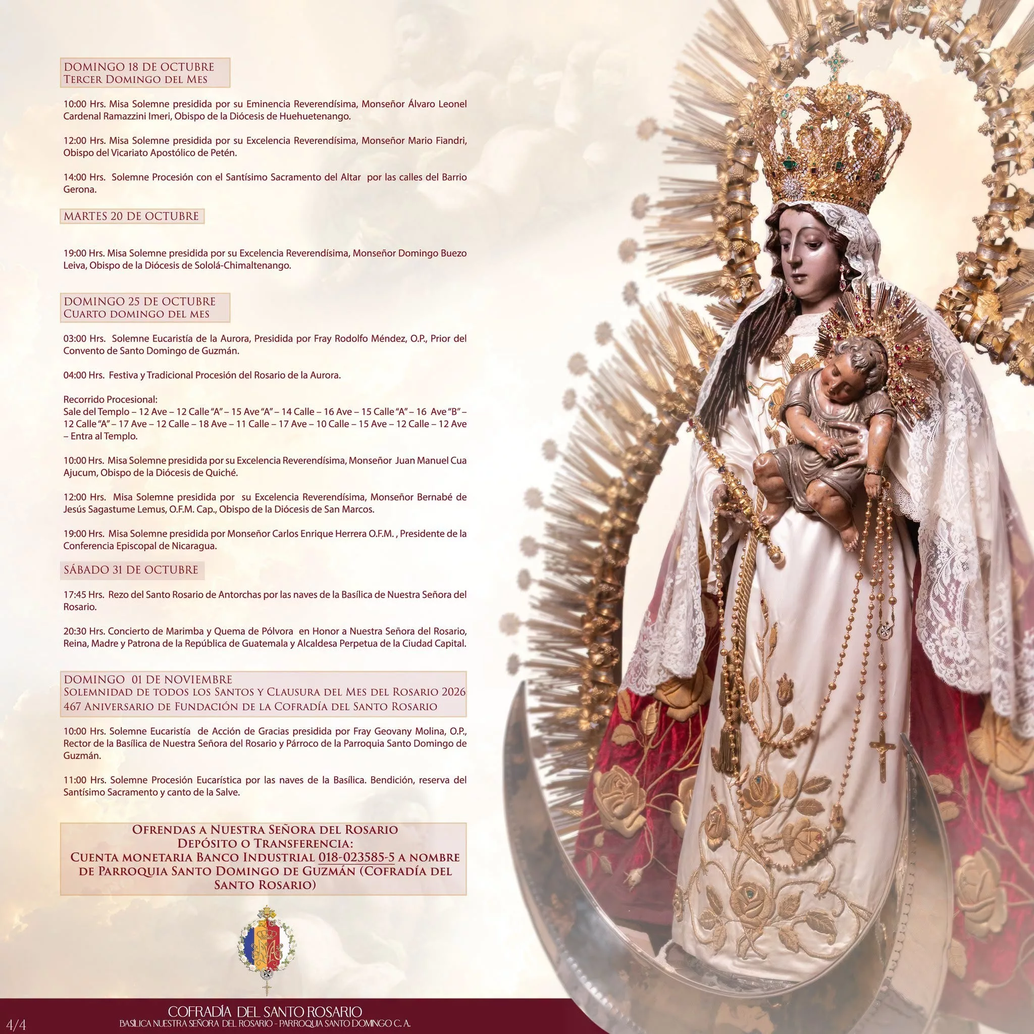 Programa de actividades de la Virgen del Rosario en Santo Domingo Guatemala octubre 2026